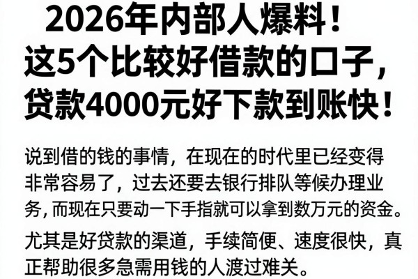 2026年内部人爆料！这5个比较好借款的口子，贷款4000元好下款到账快！