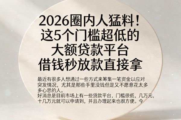 2026圈内人猛料！这5个门槛超低的大额贷款平台，借钱秒放款直接拿