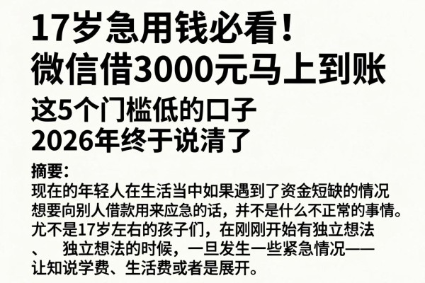 17岁急用钱必看!微信借3000元马上到账,这5个门槛低的口子2026年终于说清了