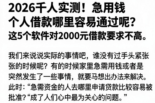 2026千人实测!急用钱个人借款哪里容易通过呢?这5个软件对2000元借款要求不高