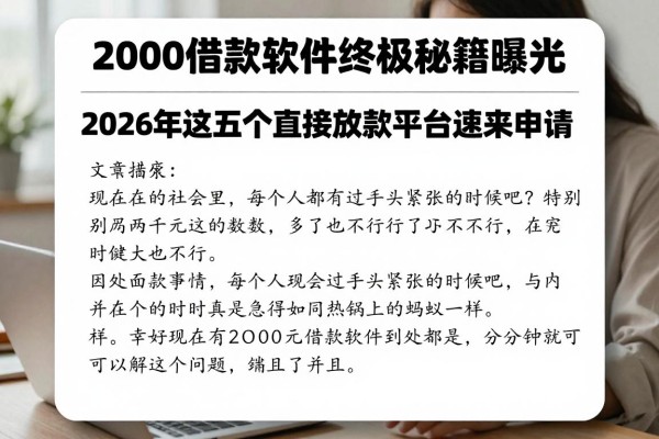 2000借款软件终极秘籍曝光！2026年这五个直接放款平台速来申请