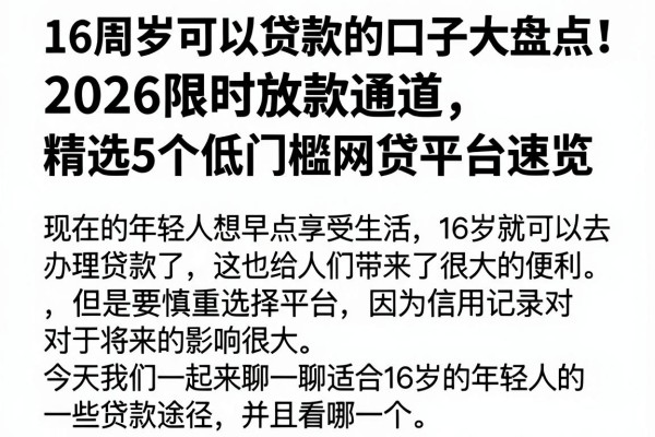 16周岁可以贷款的口子大盘点!2026限时放款通道,精选5个低门槛网贷平台速览