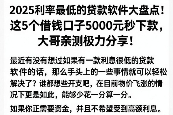 2025利率最低的贷款软件大盘点!这5个借钱口子5000元秒下款,大哥亲测极力分享