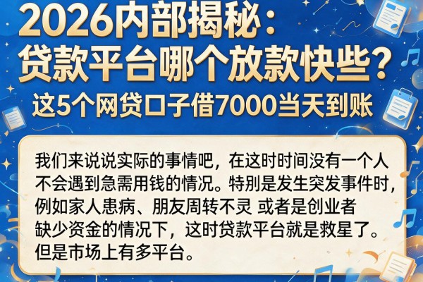 2026内部揭秘：贷款平台哪个放款快些？这5个网贷口子借7000当天到账