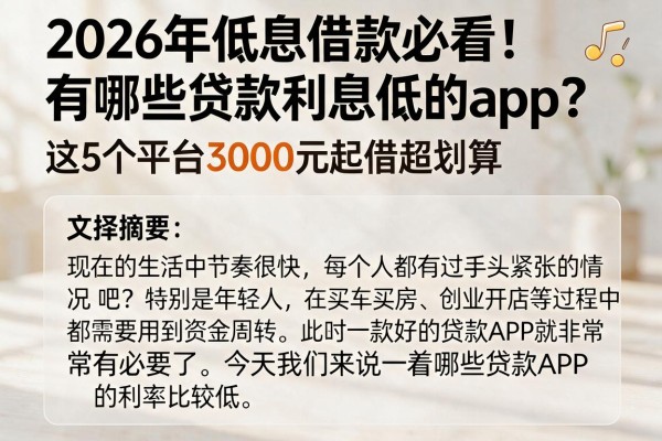 2026年低息借款必看！有哪些贷款利息低的app？这5个平台3000元起借超划算