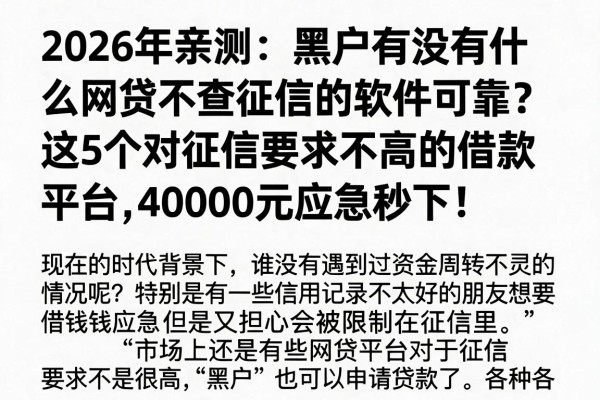 2026年亲测:黑户有没有什么网贷不查征信的软件可靠?这5个对征信要求不高的借款平台,4000元应急秒下!