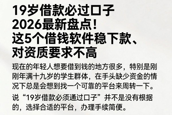 19岁借款必过口子2026最新盘点！这5个借钱软件稳下款、对资质要求不高