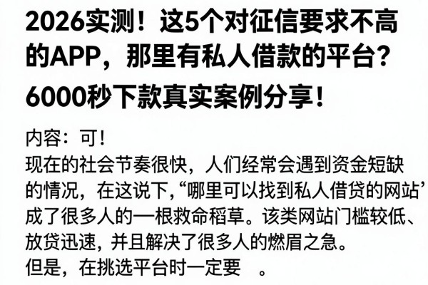2026实测!这5个对征信要求不高的APP,那里有私人借款的平台?6000秒下款真实案例分享