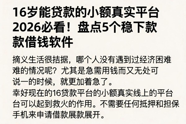 16岁能贷款的小额真实平台2026必看!盘点5个稳下款借钱软件