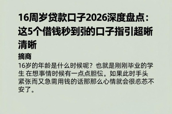 16周岁贷款口子2026深度盘点:这5个借钱秒到账的口子指引超清晰
