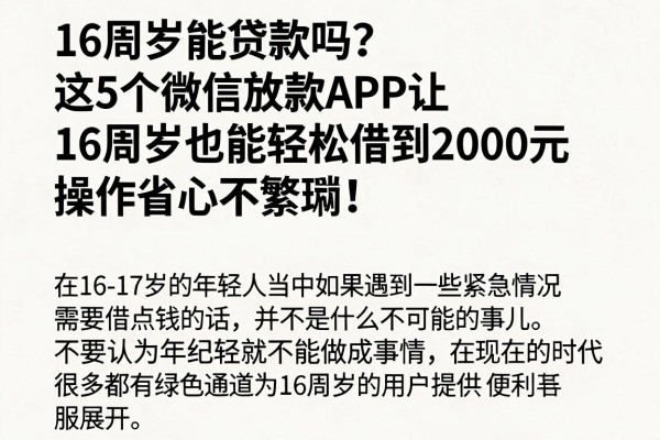 16周岁能贷款吗?这5个微信放款APP让16周岁也能轻松借到2000元,操作省心不繁琐!