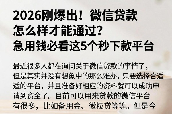 2026刚爆出!微信贷款怎么样才能通过?急用钱必看这5个秒下款平台