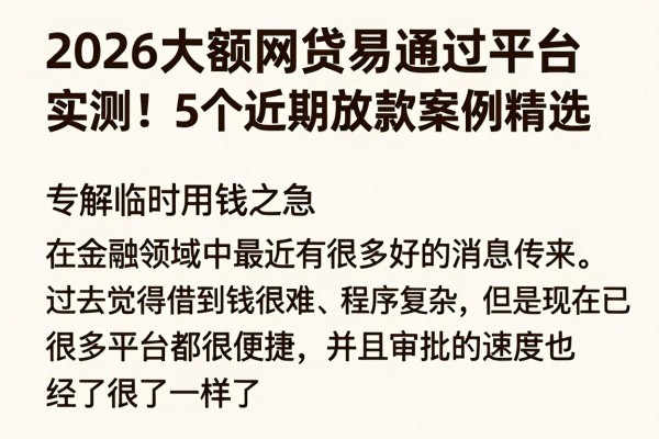 2026大额网贷易通过平台实测!5个近期放款案例精选,专解临时用钱之急