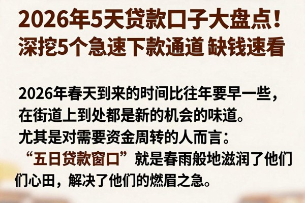 2026年5天贷款口子大盘点!深挖5个急速下款通道,缺钱速看