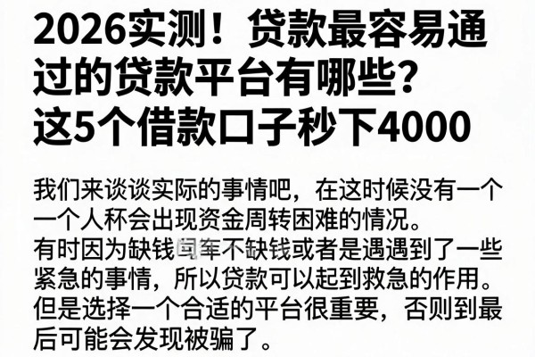 2026实测!贷款最容易通过的贷款平台有哪些?这5个借款口子秒下4000