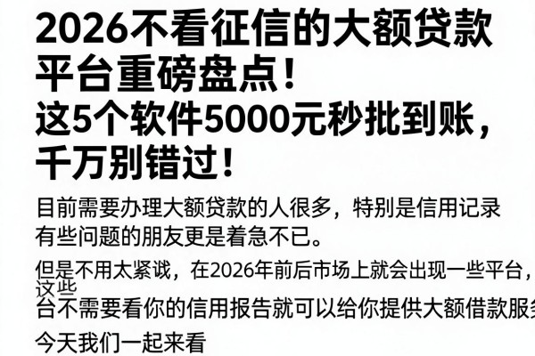 2026不看征信的大额贷款平台重磅盘点！这5个软件5000元秒批到账，千万别错过