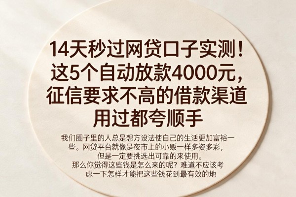 14天秒过网贷口子实测！这5个自动放款4000元、征信要求不高的借款渠道，用过都夸顺手
