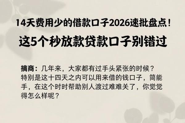 14天费用少的借款口子2026速批盘点!这5个秒放款贷款口子别错过