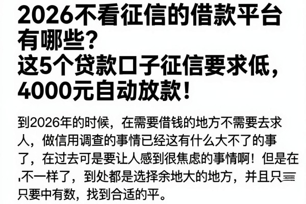 2026不看征信的借款平台有哪些?这5个贷款口子征信要求低,4000元自动放款!