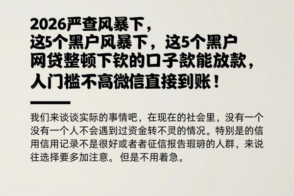 2026严查风暴下，这5个黑户网贷整顿下款的口子依然能放款，门槛不高微信直接到账！
