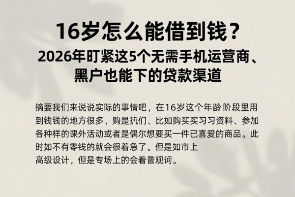 16岁怎么能借到钱?2026年盯紧这5个无需手机运营商、黑户也能下的贷款渠道