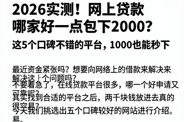 2026实测!网上贷款哪家好一点包下2000?这5个口碑不错的平台,1000也能秒下