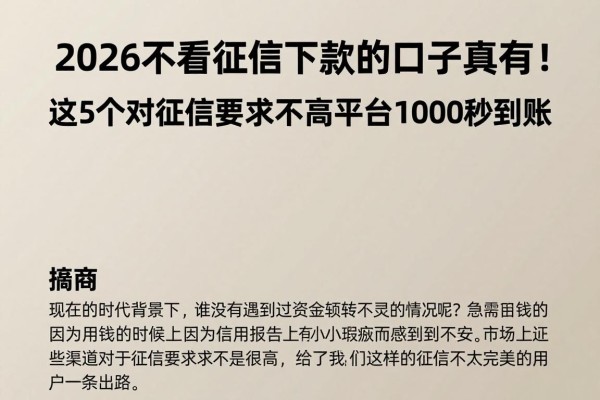 2026不看征信下款的口子真有!这5个对征信要求不高的平台1000秒到账