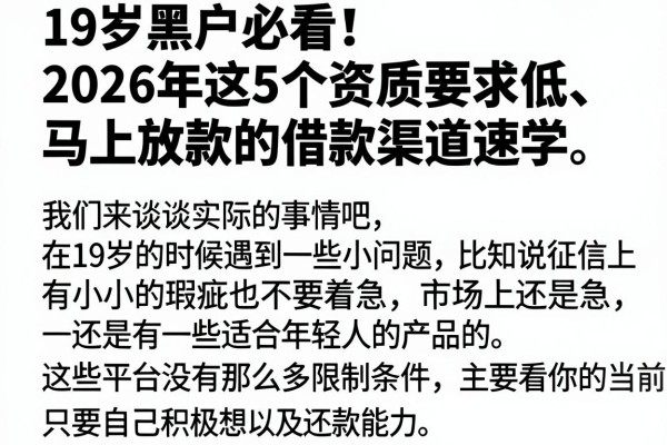 19岁黑户必看!2026年这5个资质要求低、马上放款的借款渠道速学