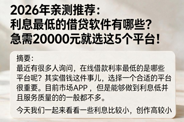 2026年亲测推荐：利息最低的借贷软件有哪些？急需20000元就选这5个平台！