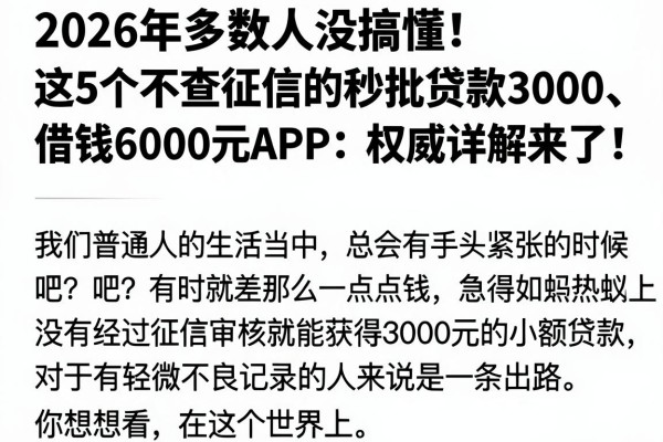 2026年多数人没搞懂!这5个不查征信的秒批贷款3000、借钱6000元APP,权威详解来了