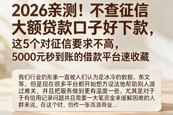 2026亲测！不查征信大额贷款口子好下款，这5个对征信要求不高、5000元秒到账的借款平台速收藏