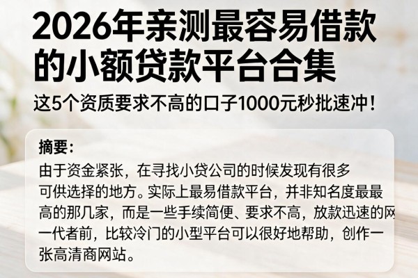 2026年亲测最容易借款的小额贷款平台合集，这5个资质要求不高的口子1000元秒批速冲！