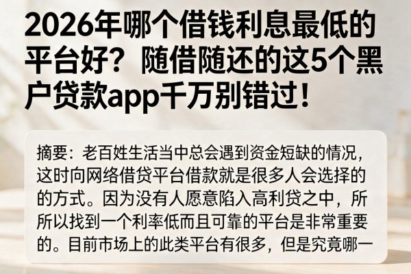 2026年哪个借钱利息最低的平台好？随借随还的这5个黑户贷款APP千万别错过！
