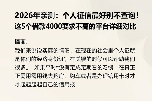 2026年亲测：个人征信最好别不查询！这5个借款4000要求不高的平台详细对比