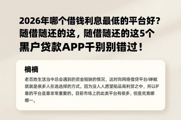 2026年哪个借钱利息最低的平台好?随借随还的这5个黑户贷款APP千万别错过!