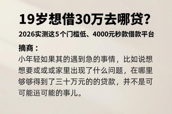19岁想借30万去哪贷？2026实测这5个门槛低、4000元秒下款的借款平台