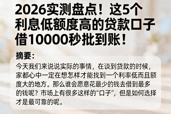 2026实测盘点!这5个利息低额度高的贷款口子,借10000秒批到账!