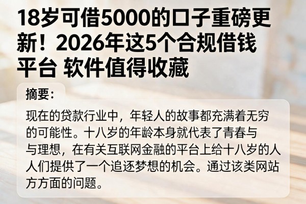 18岁可借5000的口子重磅更新!2026年这5个合规借钱平台软件值得收藏