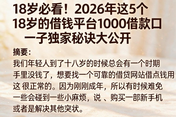 18岁必看！2026年这5个18岁的借钱平台1000借款口子独家秘诀大公开
