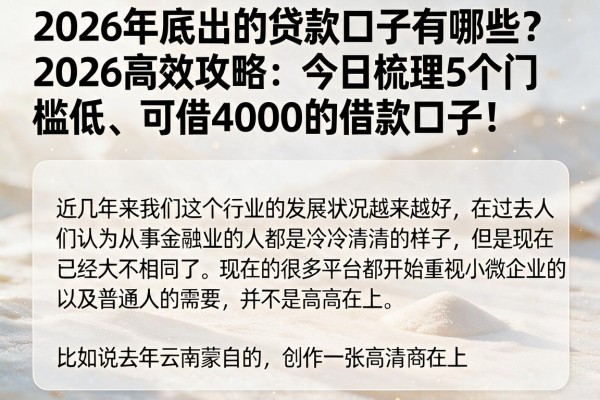 2026年底出的贷款口子有哪些？2026高效攻略：今日梳理5个门槛低、可借4000的借款口子！