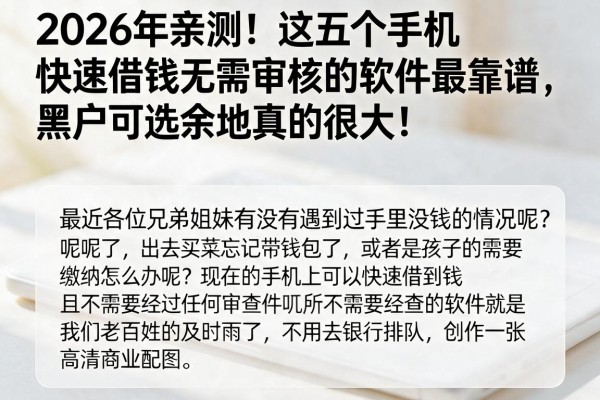 2026年亲测！这五个手机快速借钱无需审核的软件最靠谱，黑户可选余地真的很大！