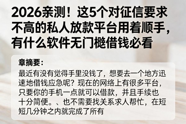 2026亲测！这5个对征信要求不高的私人放款平台用着顺手，有什么软件无门槛借钱必看