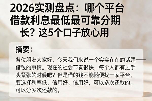2026实测盘点:哪个平台借款利息最低最可靠分期长?这5个口子放心用