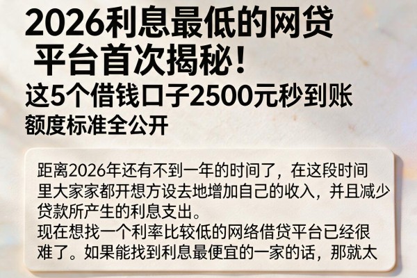 2026利息最低的网贷平台首次揭秘！这5个借钱口子2500元秒到账，额度标准全公开