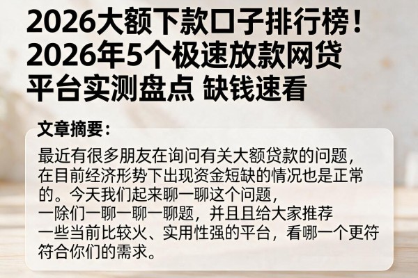 2026大额下款口子排行榜！2026年5个极速放款网贷平台实测盘点，缺钱速看