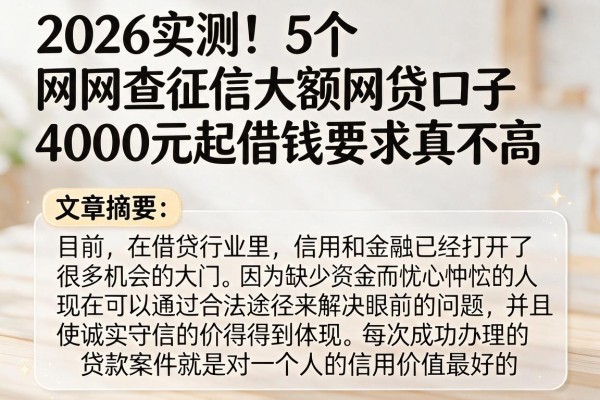 2026实测！5个网查征信大额网贷口子，4000元起借钱要求真不高