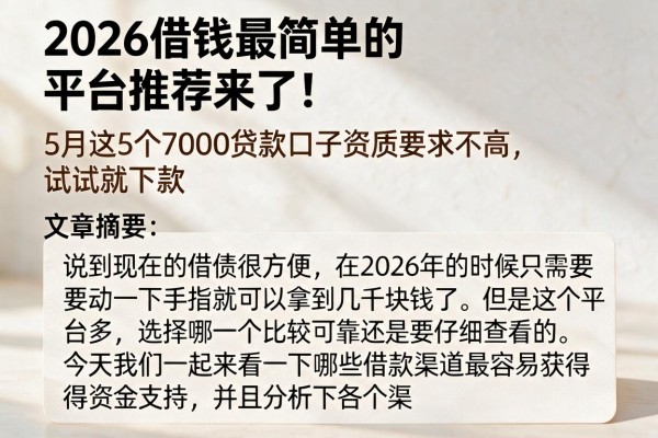 2026借钱最简单的平台推荐来了!5月这5个7000贷款口子资质要求不高,试试就下款
