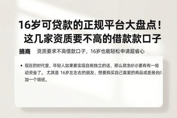 16岁可贷款的正规平台大盘点！这几家资质要求不高的借款口子，16岁也能轻松申请超省心