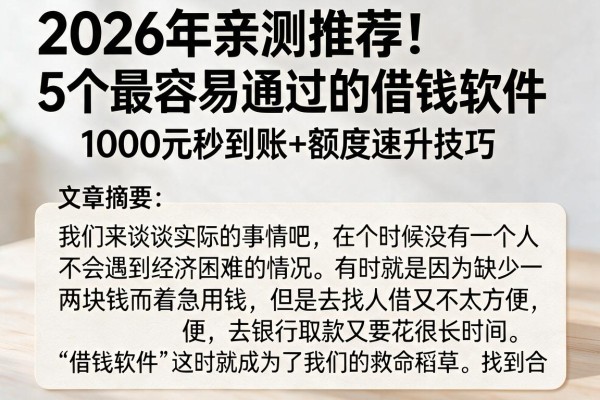 2026年亲测推荐!5个最容易通过的借钱软件,1000元秒到账+额度速升技巧