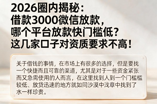 2026圈内揭秘：借款3000微信放款，哪个平台放款快门槛低？这几家口子对资质要求不高！